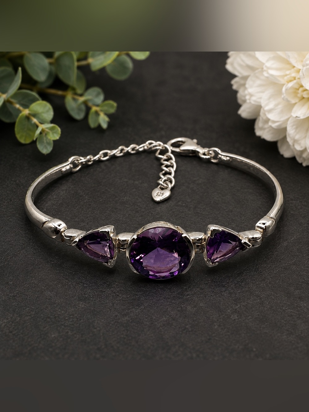 Sterling Silver Amethyst Bangle Bracelet with 3 large Amethyst 16g